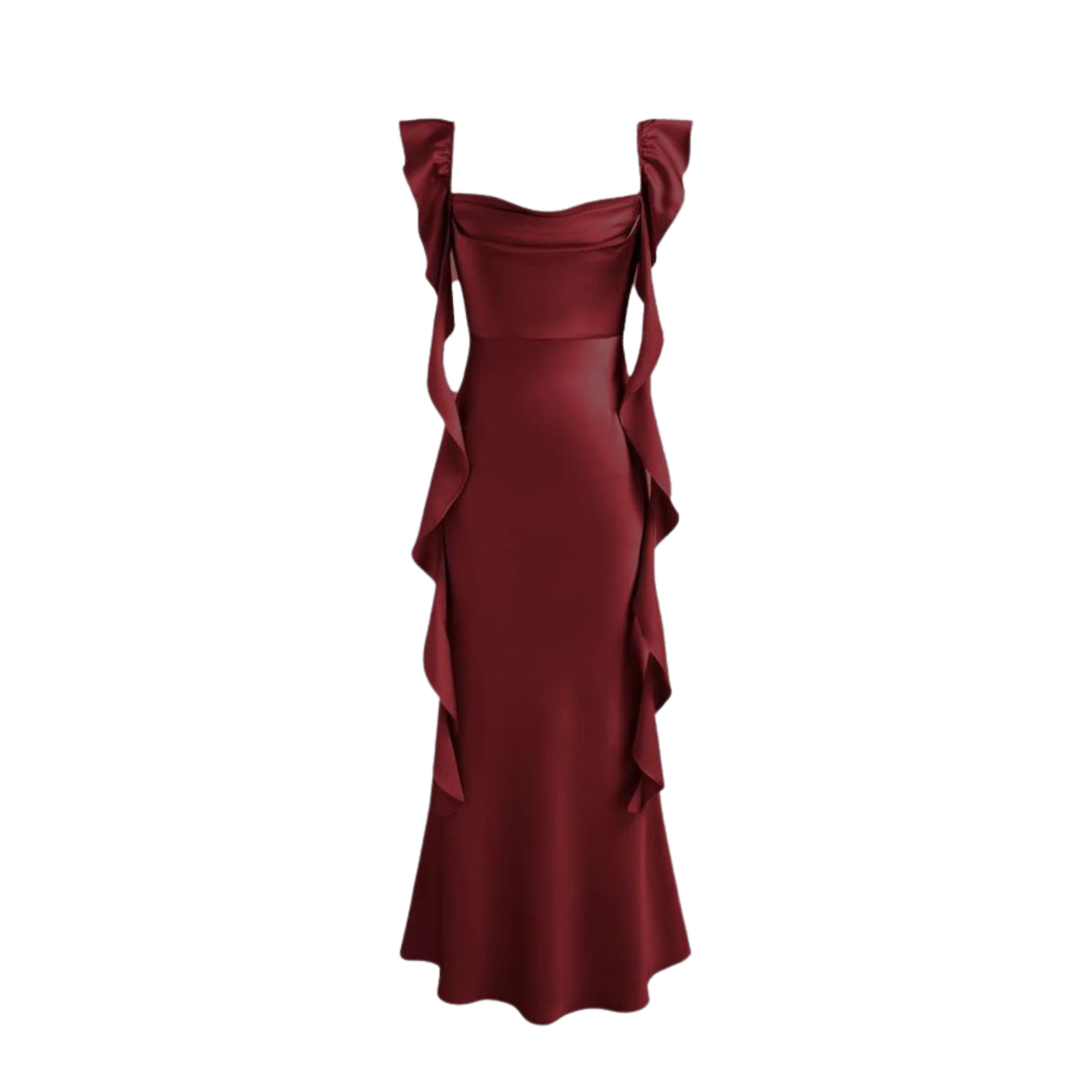 Untitled design (10) Wine Red Flutter Sleeve Satin Maxi Gown - Image 1