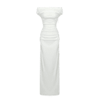 Ivory White Ruched Off-Shoulder Evening Gown