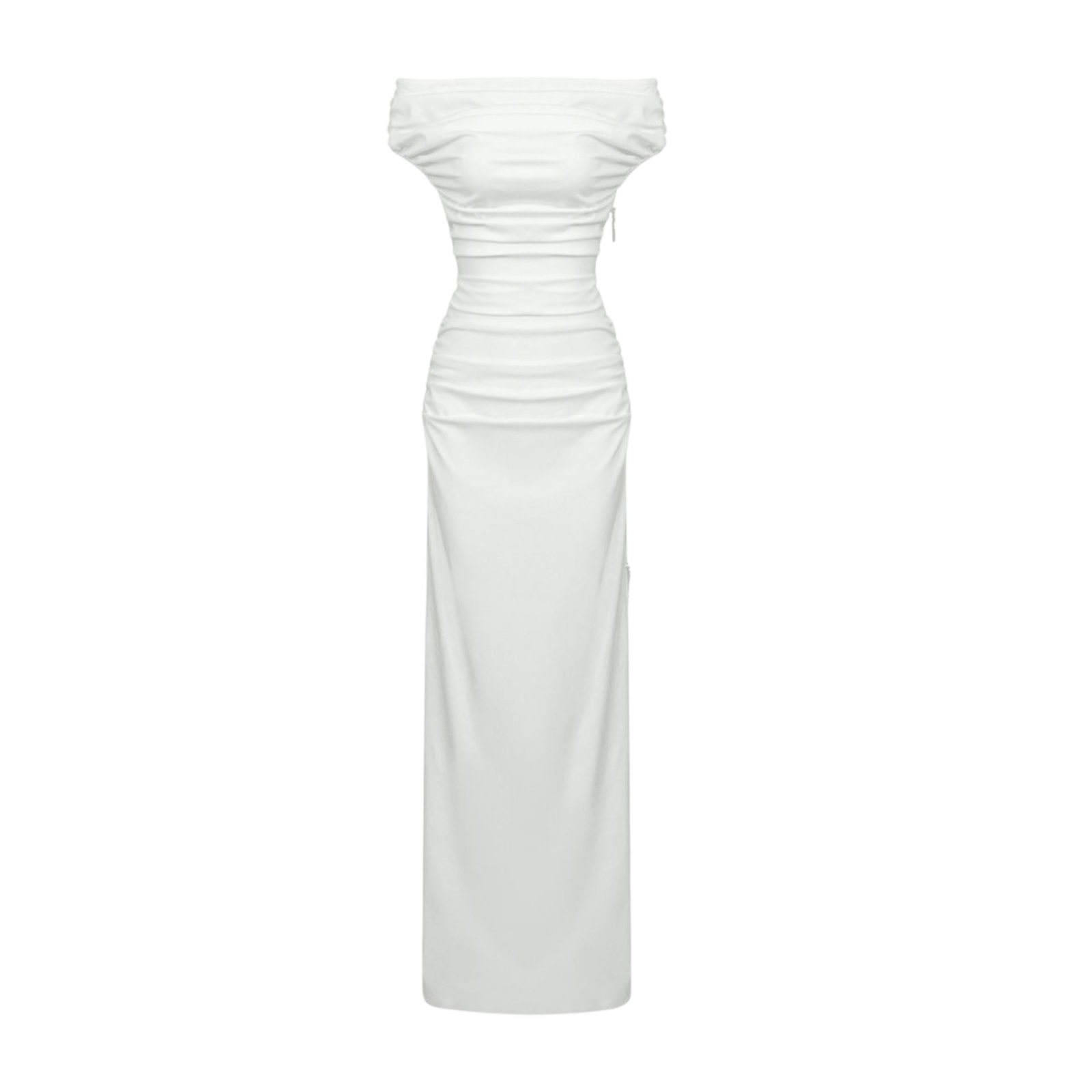 Untitled design (13) Ivory White Ruched Off-Shoulder Evening Gown - Image 1