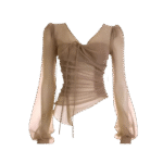 Nude Beige Sheer Mesh Long Sleeve Ruched Top