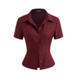 Burgundy Ribbed Knit Short Sleeve Collared Shirt